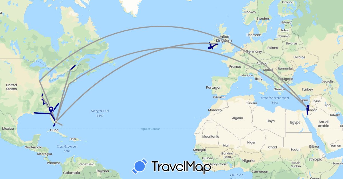 TravelMap itinerary: driving, plane, train in Bahamas, Canada, Ireland, Israel, United States (Asia, Europe, North America)